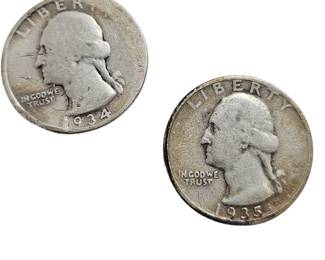 2 90% Silver Washington Quarters 1934 1935