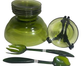 MCM Avocado Green Salad Set + Utensils Mod 1970s Pad Aesthetic