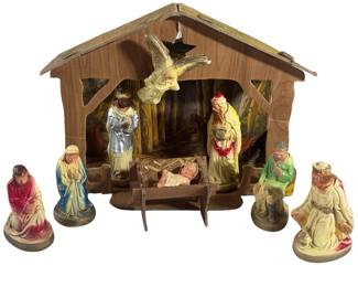 Vintage Nativity Scene 8 Figures Chalkware Manger Matching