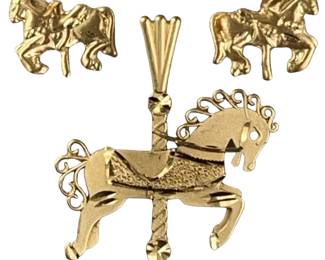 14K Carousel Horse Pendant Earrings Set 1.1g Jewelry 89 Ma