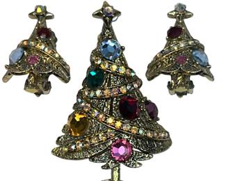 Vintage HollyCraft Chunky Christmas Tree Pin Earrings Set Gold Tone Signed
