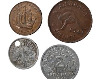 WWII Era Franc Coins British Half Penny Australian Penny