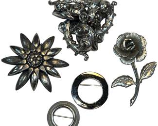 Vintage Costume Jewelry Silver Tone Brooches Flowers Ornate