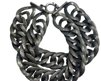 Vintage Costume Jewelry Mens Bracelet Pewter Tone Engraved Heavy Chain