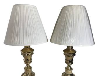 Pair 30" Brass Table Lamps Gold Hollywood Regency