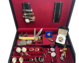 Mens Vintage Jewelry Cufflinks Rings Lapel Pins IH & Box