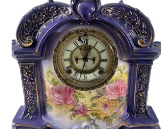 Antique Ansonia Porcelain Mantel Clock Ornate Key Runs La Orb Amethyst