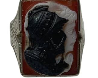 14K Mens Ring Cameo Sardonyx Double Headstone Antique 10g
