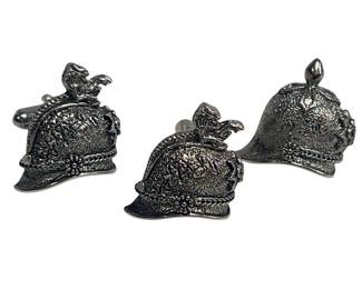 Mens Vintage Cufflinks Tie Pin Set Military Helmetes Silver Tone