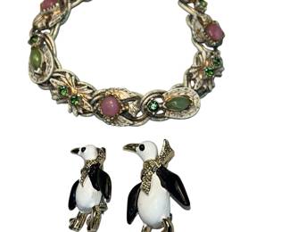 Florenza Pink Green Chain Bracelet Enameled Scatter Pin Penguins Vintage Costume Jewelry