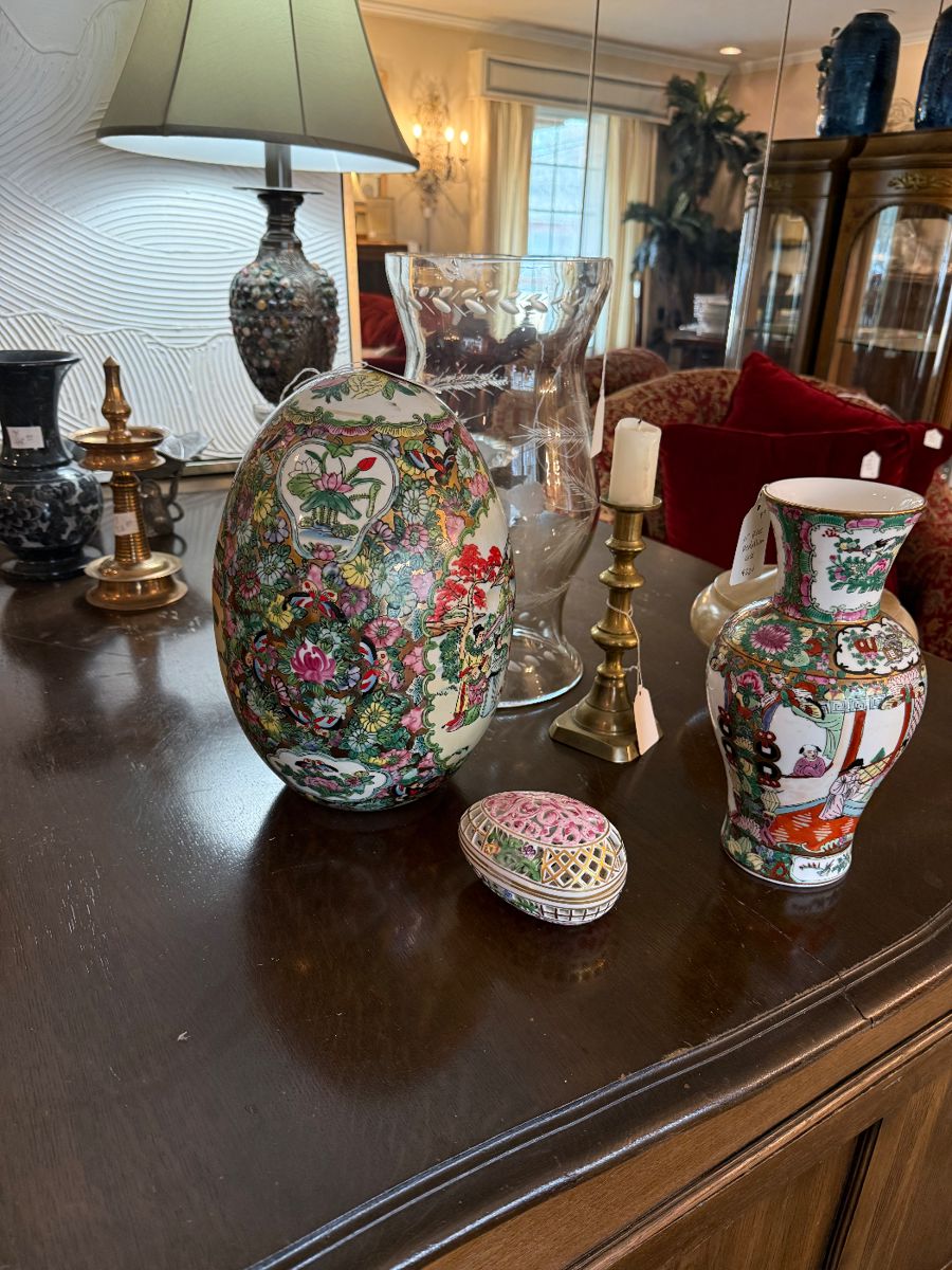 Large rose medallion egg perfect for your Easter table! Herend, brass, and more.