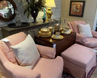 Pair of upholstered chairs with ottoman, drop leaf table, Vietri dishes, beautiful pair of horn candlabras