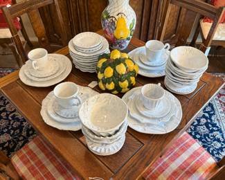 Vietri dishes, cute view of this expandable table and 4 upholstered chairs