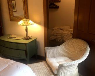 Pier 1 wicker chair & ottoman foot rest with cushion 33.5” t x 31.5” w x 28” d, Green 3 Drawer Dresser on Casters  42” w x 21.25” d x 27.25 t