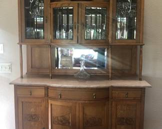 Antique Marble Top Leaded Glass Hutch with Key  85 1/2” t x 55 3/8” w x 20” d