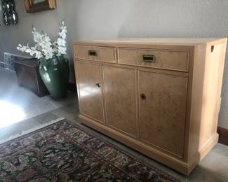 Drexel Heritage Burl Olive & Ash Bar Cart on Casters 44.5” w x 19” d x 32.25” t