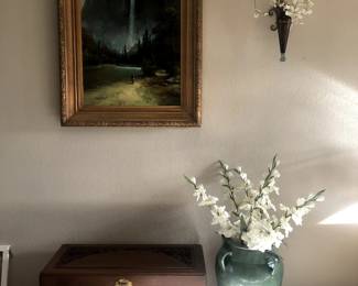 Rudolf Weber Yosemite Oil Painting 45.75” x 33.25”, George Zee Chest brought to US in the 1950’s  17.75” t x 34.5” w x 16.5” d