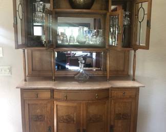 Antique Marble Top Leaded Glass Hutch with Key  85 1/2” t x 55 3/8” w x 20” d Waterford Lismore Crystal Stemware & Decanters