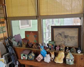 birdhouses and kitty planters