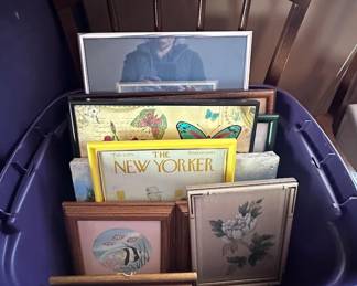 5 bins of framed art