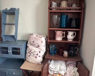 vintage playset, bookshelf, blankets