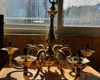 Vintage solid brass six arm chandelier with glass 