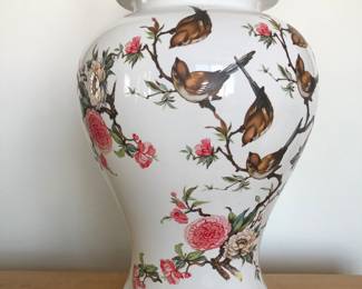 Antique Chinoiserie porcelain lamp base with hand painted bird and floral motif.  Known as a temple jar or diner jar style lamp.  20th century Chinese porcelain.