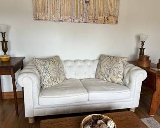 White Linen Loveseat with custom throw pillows
