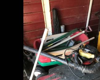 Plastic wagon and gas leaf blower!