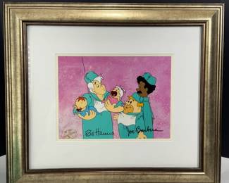 FRAMED FLINTSTONES, SIGNED BY BILL HANNA AND JOE BARBERA, NUMBERED HANDPAINTED ANIMATION ART CELL.