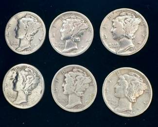 SET OF 6 PRE WW2 SILVER MERCURY DIMES