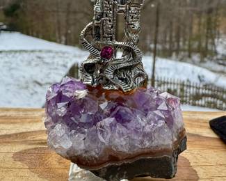 RED JEWEL CASTLE SCULPTURE ON NATURAL AMETHYST GEODE CHUNK