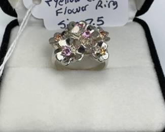 925 STERLING SILVER FLOWER BURST RING WITH GEMSTONES