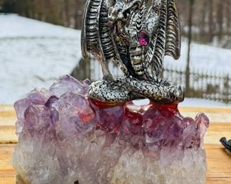 DRAGON SCULPTURE ON NATURAL AMETHYST GEODE CHUNK