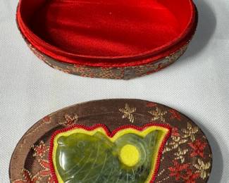 HAND EMBROIDERED TRINKET BOX WITH REAL JADE CARVED FISH