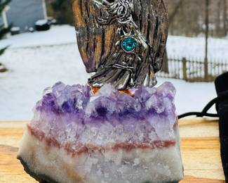 WIZARD SCULPTURE ON NATURAL AMETHYST GEODE CHUNK. JEWELED CENTER