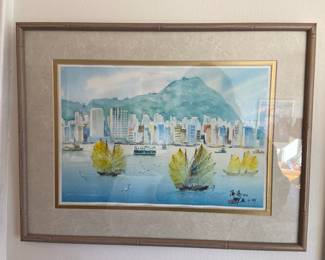 Framed & Matted Hong Kong Harbor Watercolor Painting