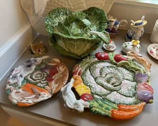 Fitz and Floyd Cabbage Leaf Soup Tureen, Fitz and Floyd Bunnies in the Garden Patch Plate & Handled Platter