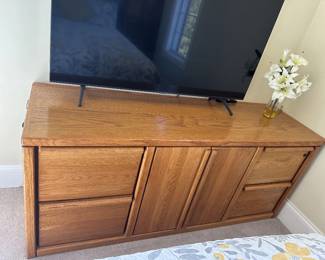 Oak Credenza with four office drawers and double shelves - $150