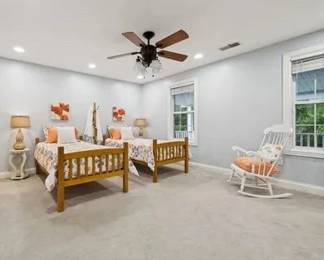 Twin bedroom set includes two twin beds, two twin mattresses and boxsprings - $75/EACH - wall art $10/each; Twin bedspreads $5/each; white rocker $35