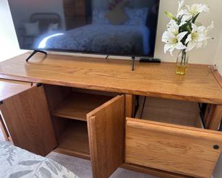 Oak Credenza with four office drawers and double shelves - $150