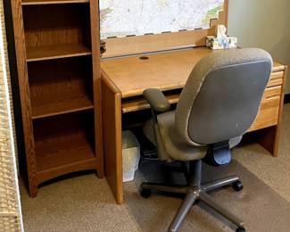 Large Desk with drawer storage and desk chair - $50 - Bookshelf with 4 shelves and light attached to side (which can be removed) - $30