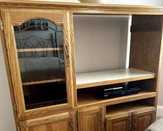 Oak tv console with glass doored storage - $50