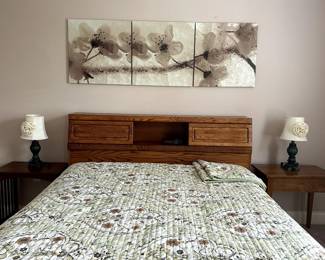 Queen bed - includes metal frame, storage headboard, queen mattress and box spring - $150 - art work $40 and lamps $10/each - end tables $15/each