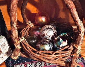 Blown Art Glass Spheres, Rustic Hand Crafted Twig Wood Basket