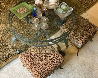 Round Glass Top Coffee Table with Wrought Iron Base, Pair of Leopard Print Stools