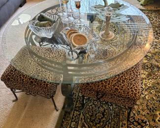 Round Glass Top Coffee Table with Wrought Iron Base, Pair of Leopard Print Stools