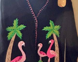 The Quacker Factory Black Cardigan Sweater with Flamingos and Palm Trees Design