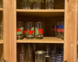 1970s Libbey Yellow Floral Glass Tumblers, Watermelon Themed Glasses