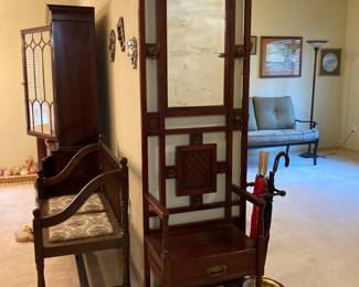 Colonial Style Spindle Back Settee with Floral Upholstered Seat, Victorian Eastlake Style Hall Tree